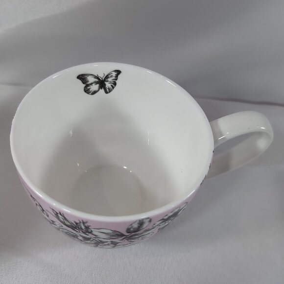 Portobello by Inspire Floral Mug Rose Pink Border Butterfly Black 2 Set Pedestal - Picture 7 of 13